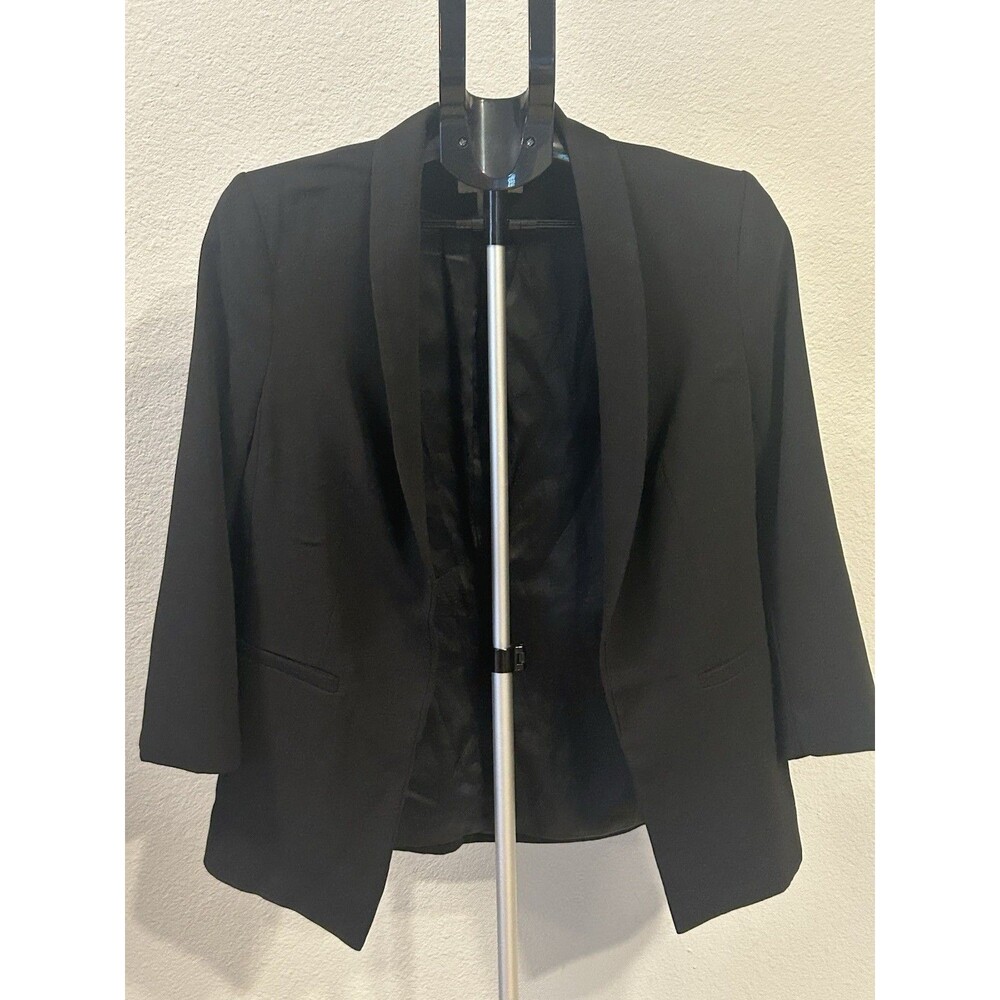HM Black Open Front Blazer Jacket Womens US 6 Shawl Collar Ruched 3/4 Sleeve